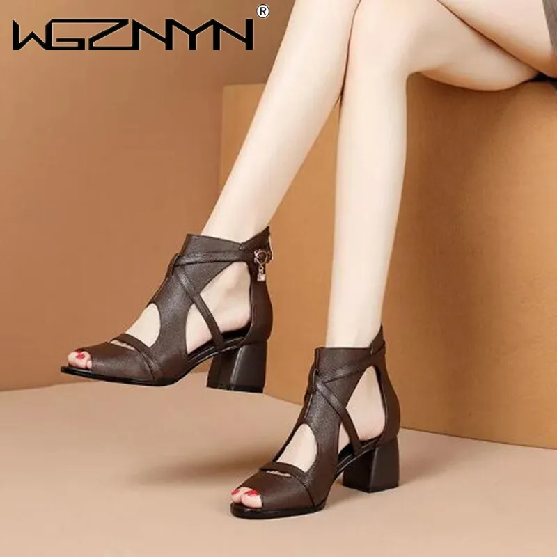 

Женские сандалии с открытым носком, открытые римские сандалии в стиле ретро, босоножки на среднем каблуке, кожаные гладиаторские сандалии, ...