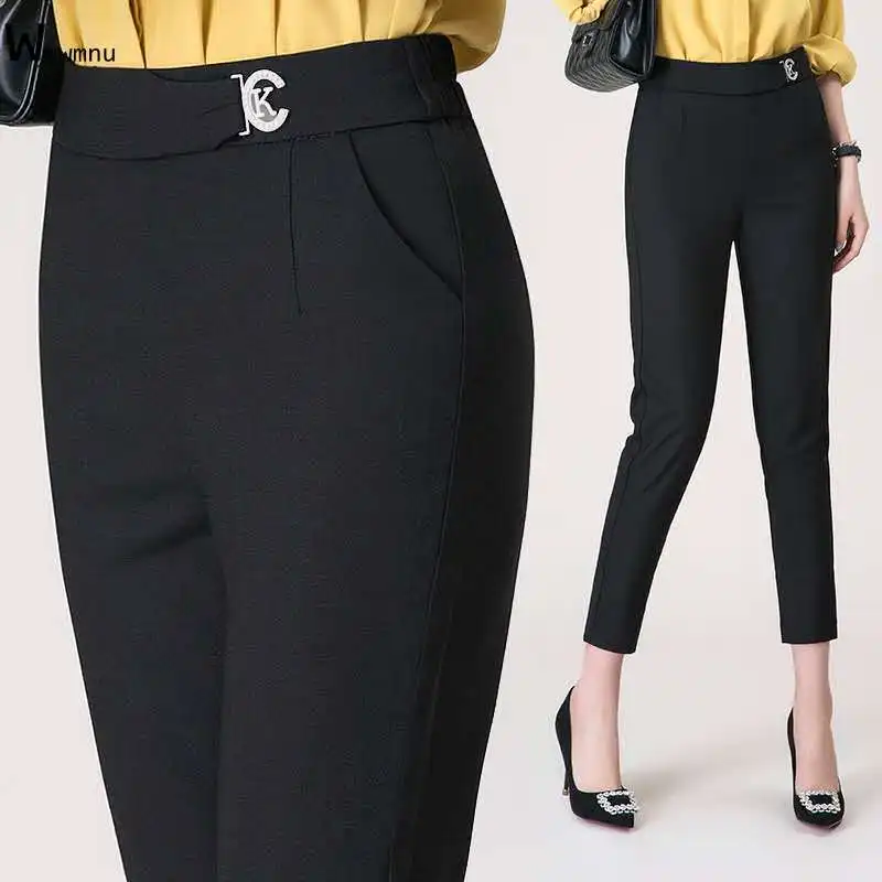 Брюки Женские однотонные до щиколотки, офисные брюки-карандаш с высокой талией, украшенные надписями, Повседневные Классические штаны в Корейском стиле Брюки Женские однотонные до щиколотки, офисные брюки-карандаш с высокой талией, украшенные надписями, Повседневные Классические штаны в Корейском стиле