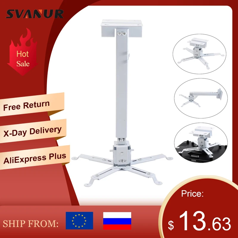 

SVANUR Регулируемая настенная потолочная подставка для проектора, кронштейн для проектора, металлический держатель, аксессуары для универсал...