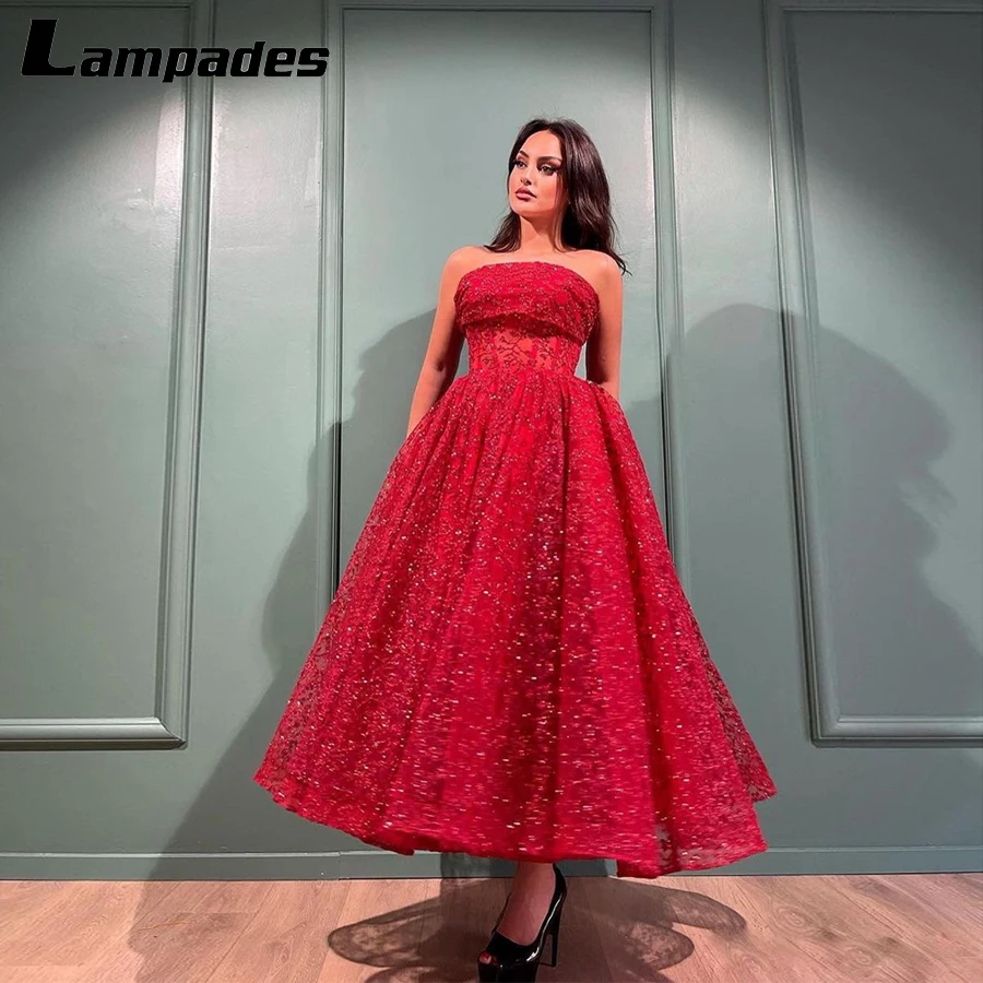 

Женское вечернее платье без бретелек, Красное Кружевное Пышное Платье до щиколотки с карманами, элегантное платье для свадьбы и выпускного ...