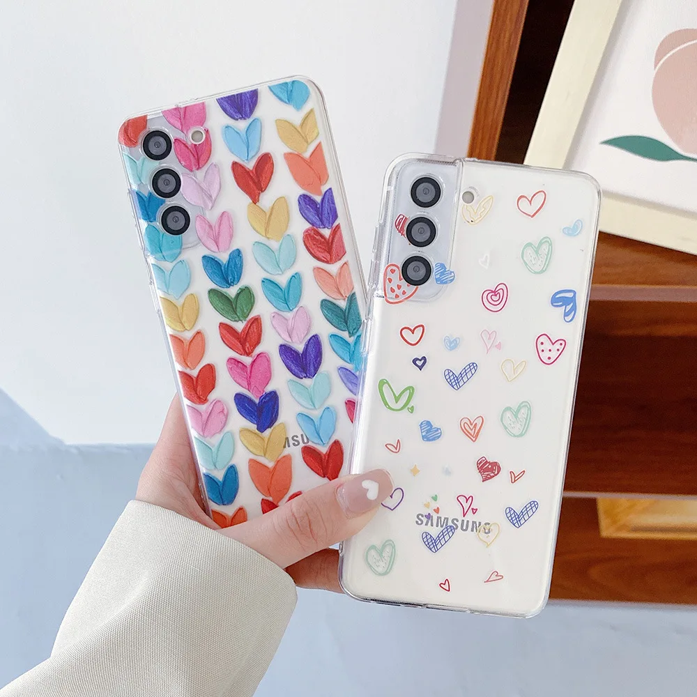 

Cute Cartoon Love Heart Phone Case for Samsung Galaxy S23 S22 S21FE S20 Ultra Plus Leopard Daisy Shell Clear Soft Silicone Cover