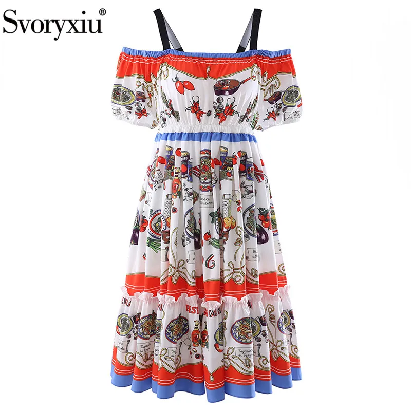 

Svoryxiu Summer Runway Fashion Spaghetti Strap Ethnic Food Print Cotton Mini Dress Women's High Waist Vacation Party Short Dress