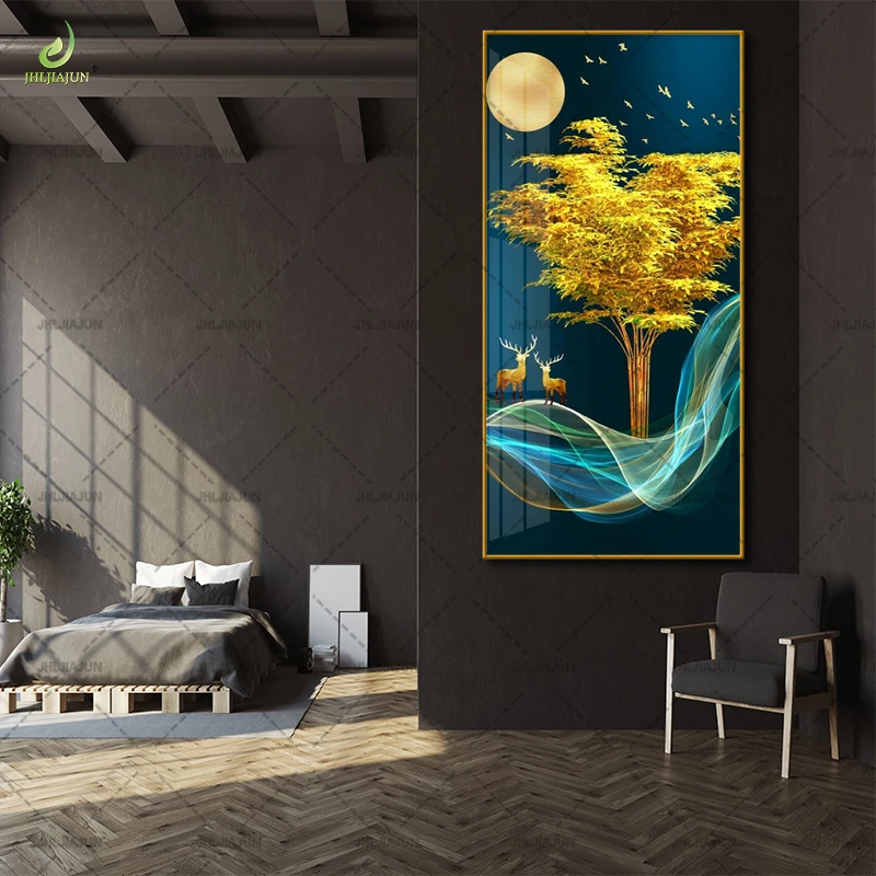 Фон для фотографирования с изображением золотых листьев и оленей золотой рамкой