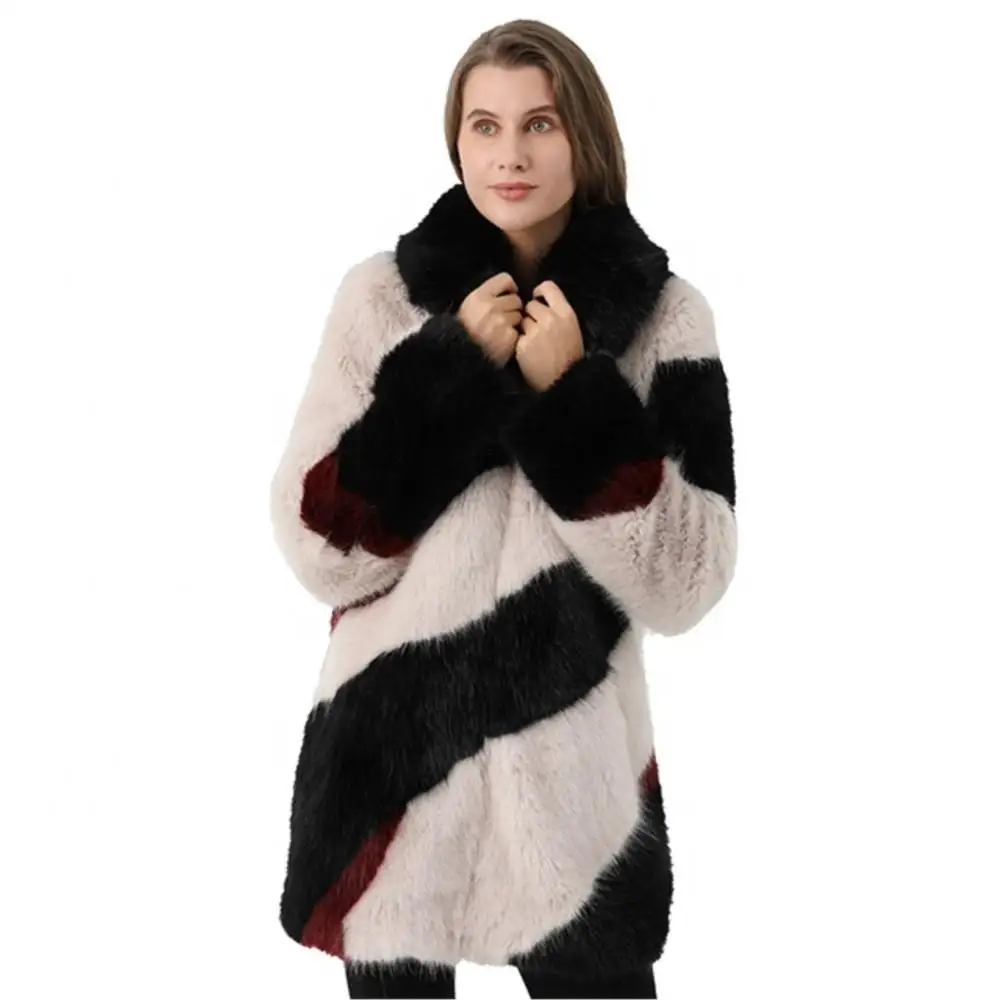 Winter Fashion Loose Warm Thick Real Fur Women Jacket Long Zipper Lapel Real Fur Mink Coat Leisure Elegant Striped Windbreaker