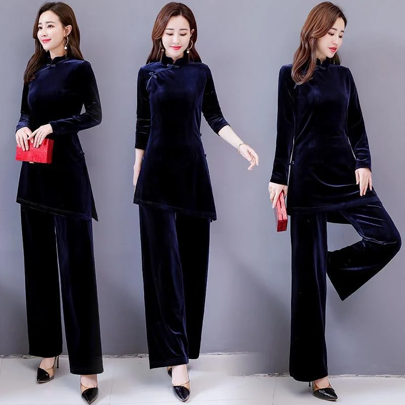 Spring Fall 2 Pieces Women Sets Velet Tracksuit Split Blouse and Wide Leg Pants Pullover Suits Elegant Office Lady