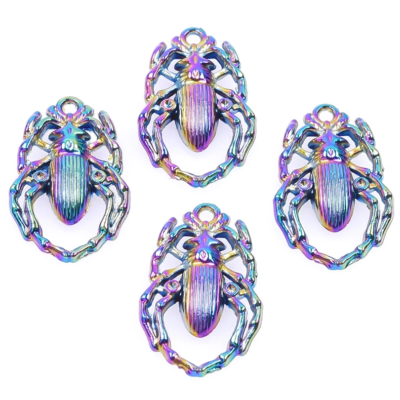 

15pcs/Lot Fashion Rainbow Color Spider Locust Insect Shaped Dung Beetle Animal Charms Alloy Pendant For Making Jewelry Supplies