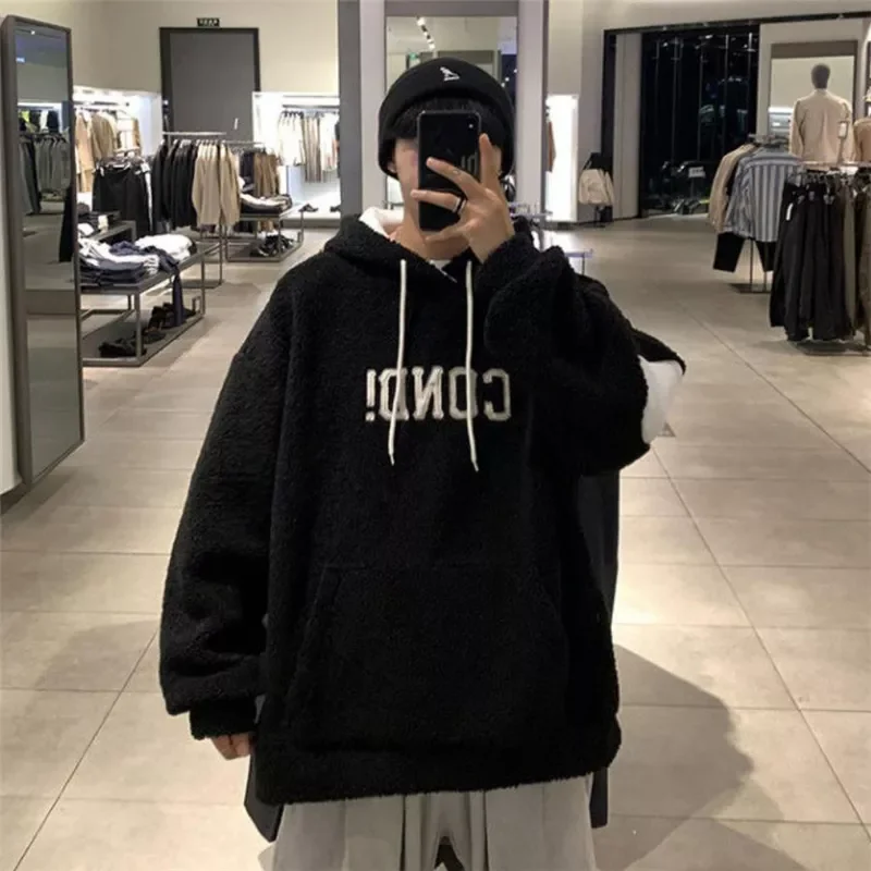 

NEW IN Sweatshirts Autumn Winter Warm Lamb Wool Hooded Top 2023 Solid Baggy Hoodies Male Wild Thicken Outdoor Pullover Plus Size