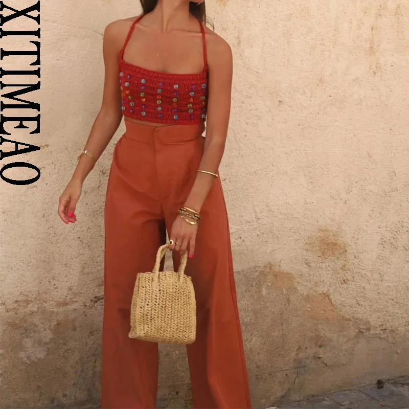 

Xitimeao Women Fashion With Faux Pearl Appliques Knit Crop Tank Tops Vintage Open Back Straps Female Camis And Wide Leg Pants