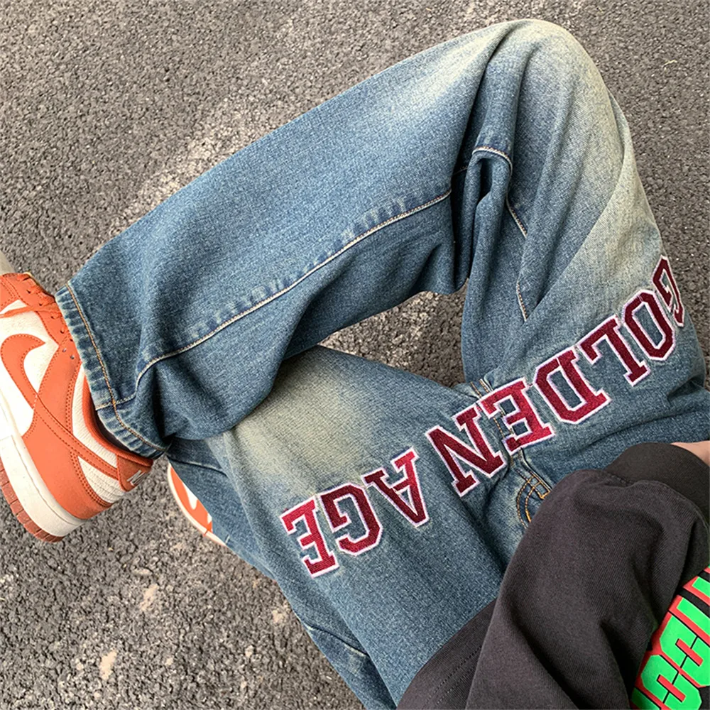 Letter Graphic Jeans for Men Y2k High Street Embroidery Trousers Vaqueros Baggy Hip Hop Punk Clothe Fit Men's Summer Denim Pants