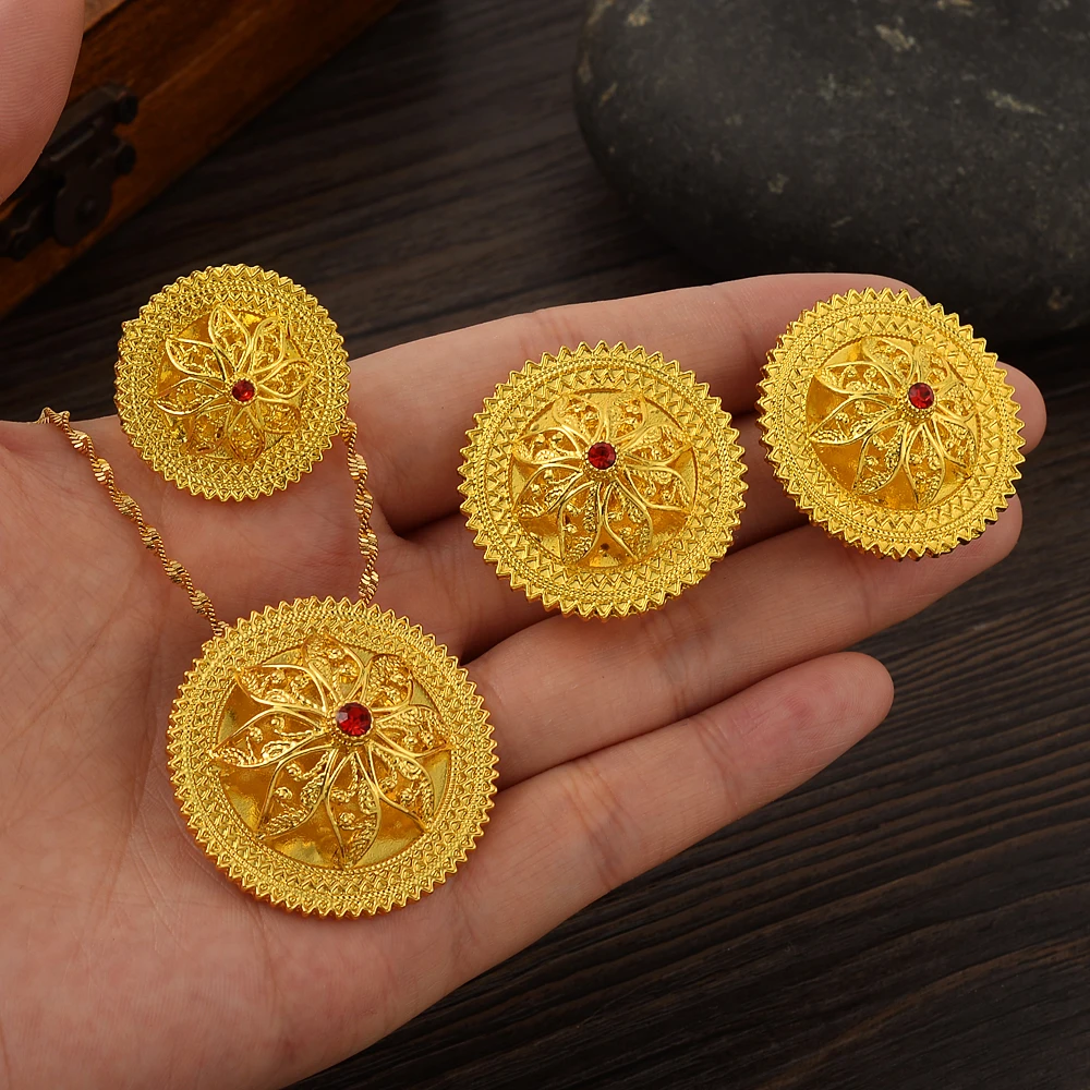 

Ethiopian Traditional Jewelry sets Pendant Necklaces Earrings Ring for Womens Gold Color Eritrean African Bride Gifts