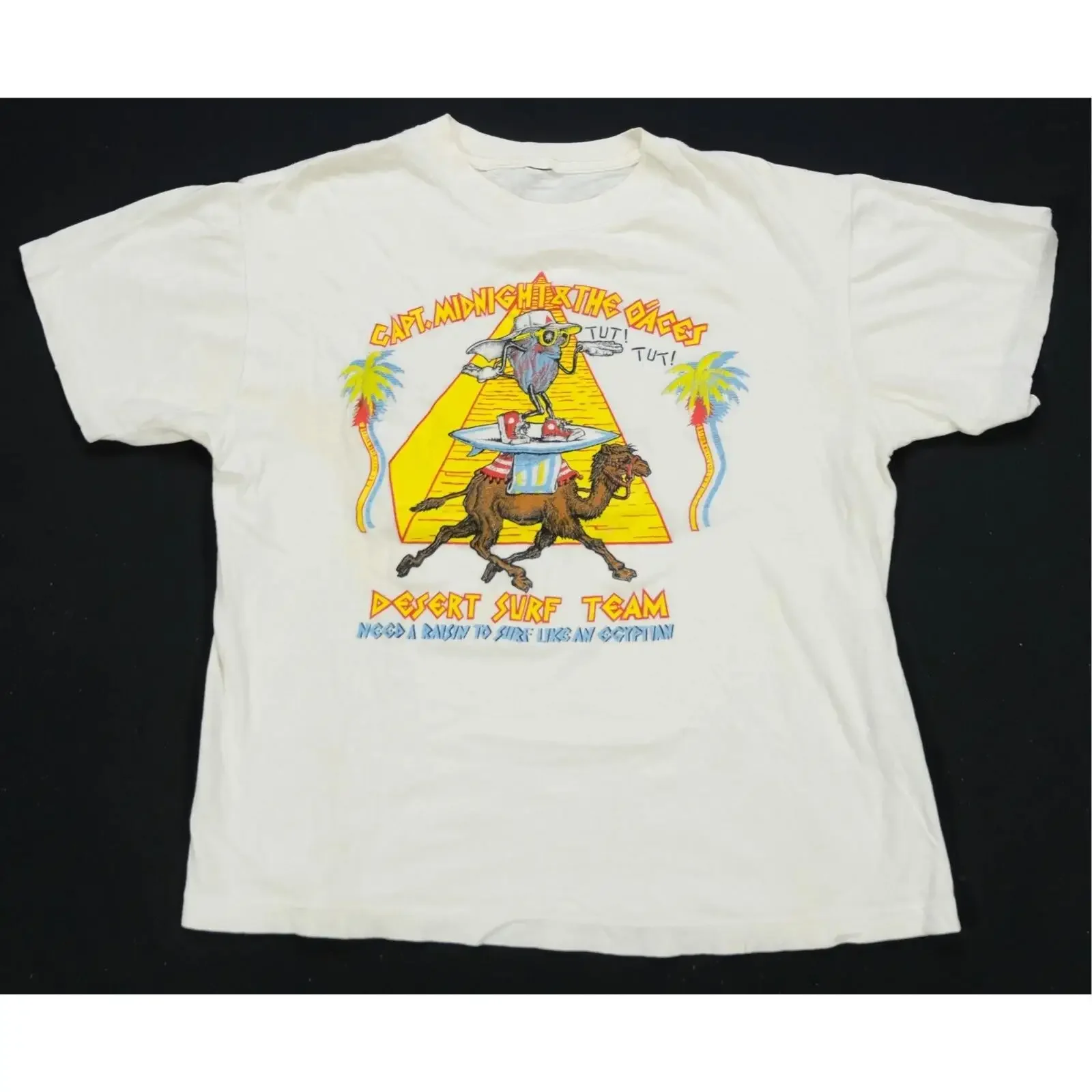 Фото Редкая винтажная футболка Captain Midnight и The O Aces Desert Surf Team Raisin, винтажный топ 90-х годов с эффектом потертости для повседневной носки №1