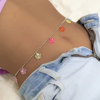 lacteo fashion candy color acrylic flower pendant waist chain for women girls casual silver color metal beads chain body jewelry