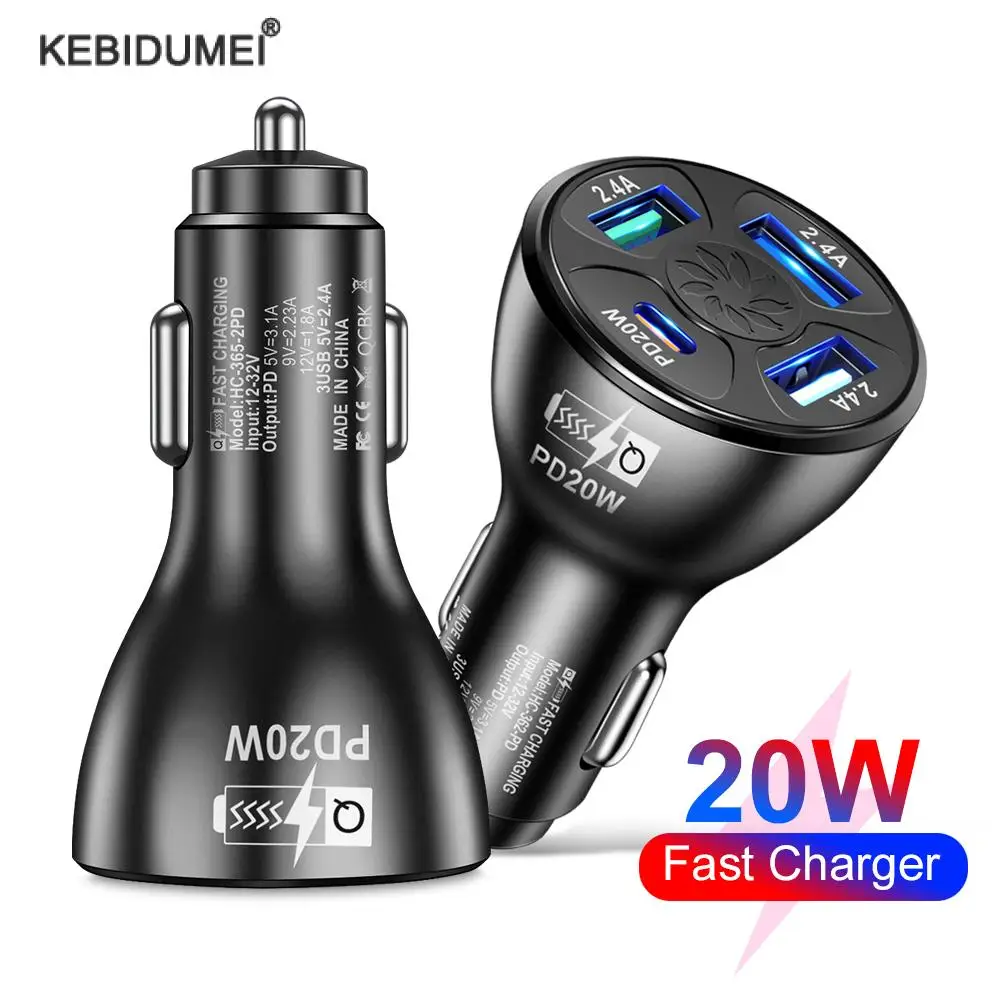 

USB Car Charger Fast Charging Type C 4 Ports QC 3.0 PD 20W Car Mobile Phone Charger Adapter for iPhone13 Xiaomi Huawei Samsung