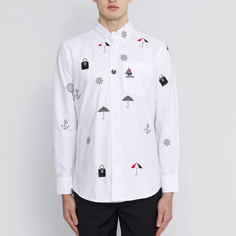 

TB THOM Spring Men's Shirt Fashion Embroidery Designs Slim T-shirts Casual Oxford Long Sleeves High Quality Women Men Shirts