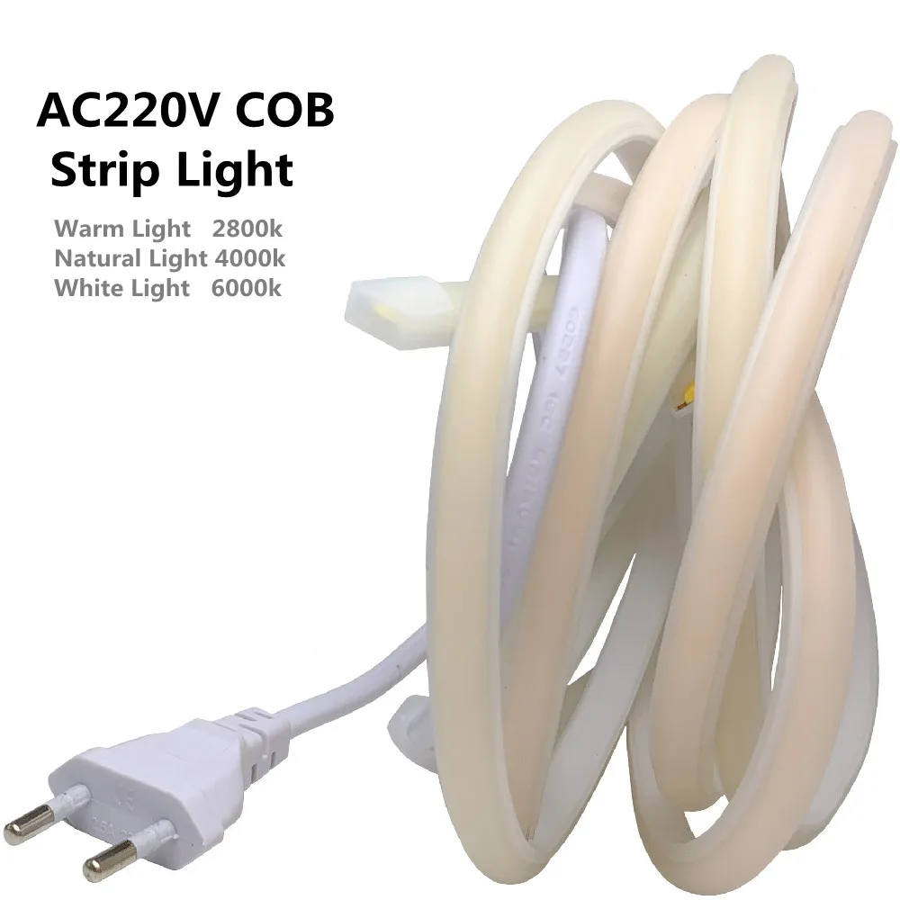 

AC220V COB LED Strip Light Waterproof IP67 288LEDs/M High Density Flexible Brightness COB Ribbon Tape+EU Plug 2800K 4000K 6000K