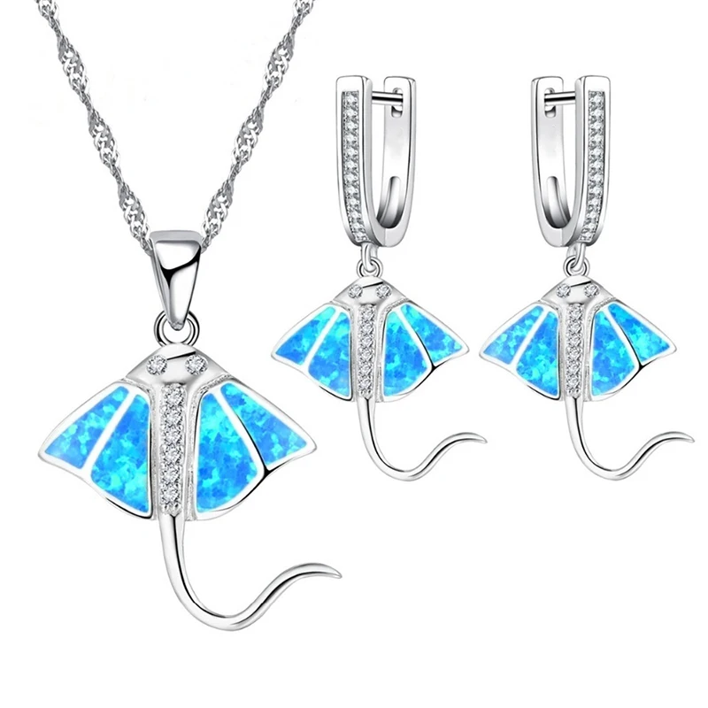 

2023 Fashion Women Seafish Pendant Jewelry Set Statement Wedding Girl Gift Cute Fire Imitation Opal Necklace and Earrings