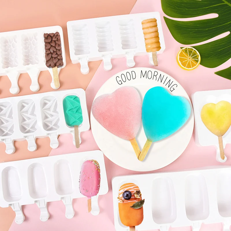 

4 Holes Heart Silicone Ice Cream Mold Kitchen Gadgets Reusable Ice Pop Maker Popsicle Mould Tray For Summer Home Party Supplies