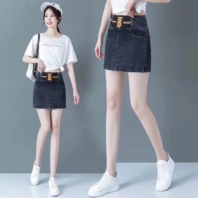 Джинсовая короткая юбка с завышенной талией универсальная эластичная тонкая