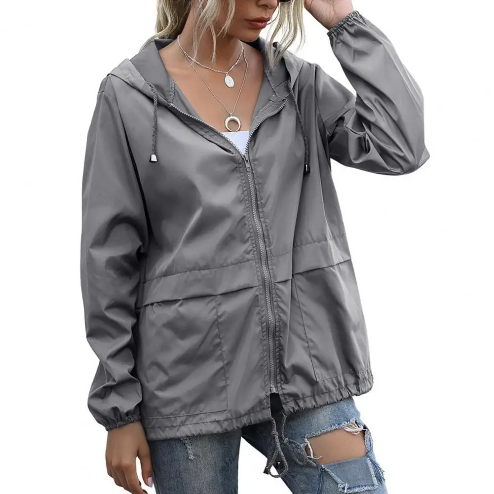 Women Windbreaker Jacket Windproof Waterproof Zipper Drawstring Hooded Jacket Women Rain Coat плащ женский