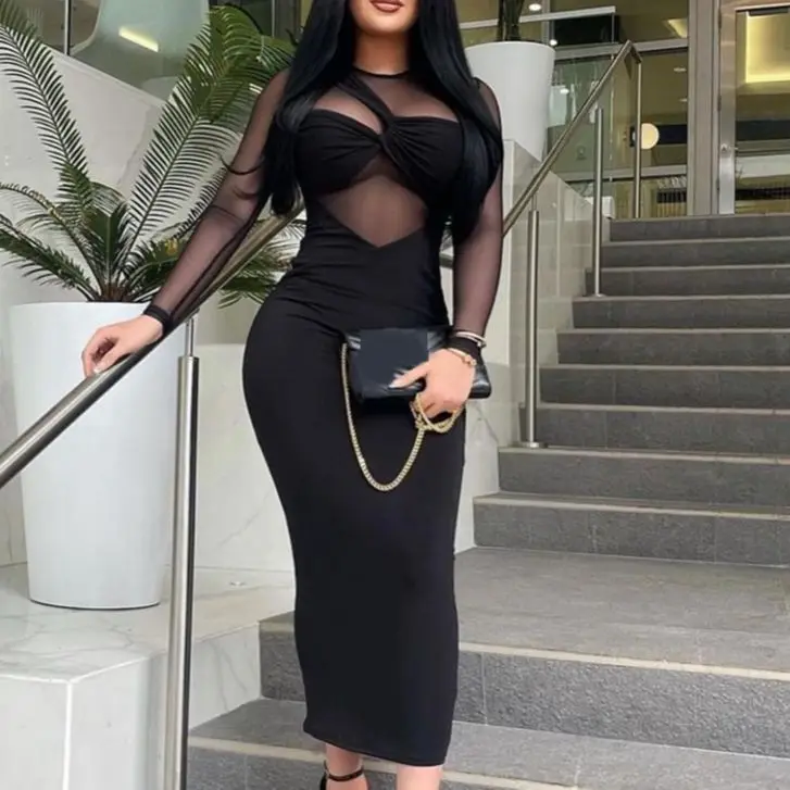 

Sexy Black Perspective Long Dress For Women Fall Fashion 2023 Elegant Long Sleeve Party Bodycon Slim Maxi Dresses