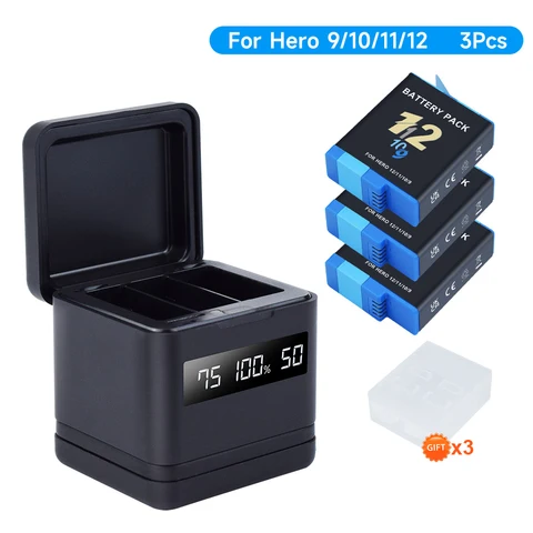 Аккумулятор 2000 мАч для GoPro hero 10 +, зарядное устройство с 3 слотами и ЖК-дисплеем и портом Type-C для GoPro Hero 9 Go Pro 10 hero 11 12, спортивные камеры