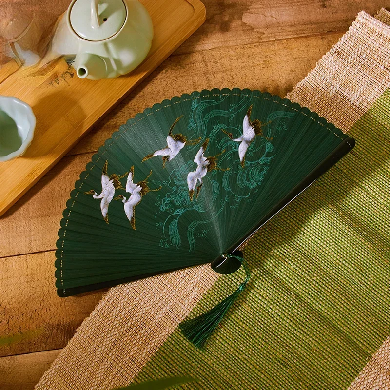 

18cm Chinese style retro style all bamboo crane dark green big red bronzing folding fan portable cheongsam dance fan
