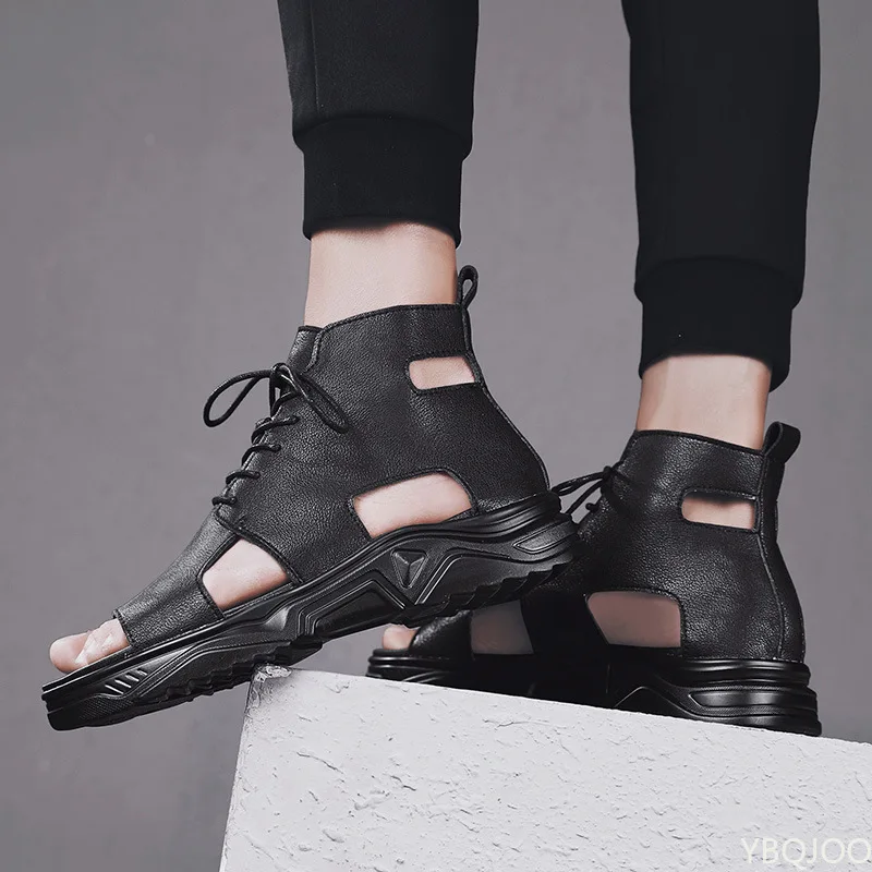 

Fashion High-top Men Summer Sandals BeachLace-up Open Toe Shoes Highten Soft Sneakers Outdoor Walking Breathable Meskie