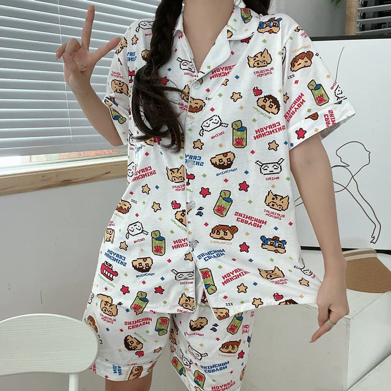 Short Sleeved Pajama Womens Cute Pijama for Young Girls Blocks Sinchanv Cardigan Sleep Clothes Roomwear Japanese Style 2pcs
