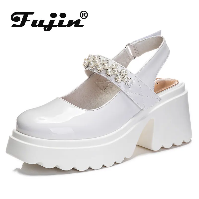 

Fujin 7cm Patent Genuine Leather Summer Lady Concise Hook Comfy Lolita Preppy Style Uniform Loafers Mary Jane Chunky Heels Shoes