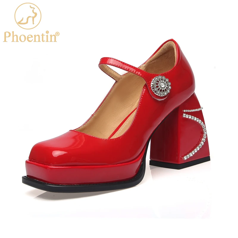

Phoentin Elegant Crystal Buckle Pumps Platform Mary Jane Shoes Woman Real Leather Chunky Heel Square Toe Shoes big size FT1902
