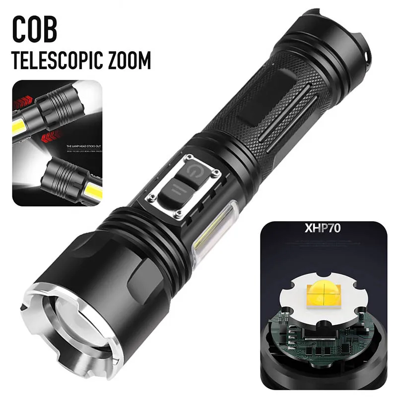 

Super XHP160 Most Powerful LED Flashlight Zoom USB Rechargeable COB side light Torch light Tactical Camp flashLight 26650 batter