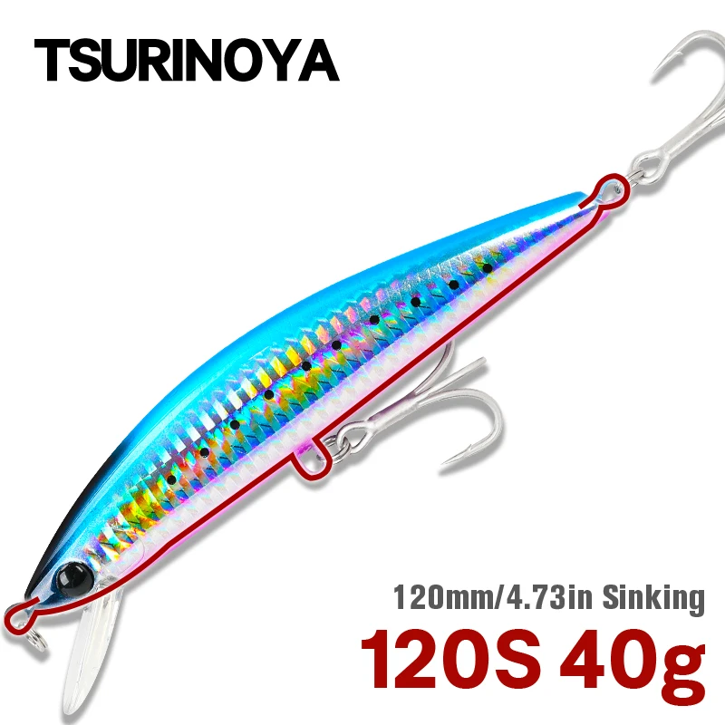 

TSURINOYA DW37 Sinking Minnow Lure 120mm 40g Treble Hooks Artificial Hard Bait Leurre Dur Saltwater Carp Fishing Wobblers Tackle