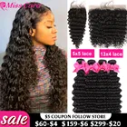 alipeal Hair Miss Cara пряди волос с глубокой волной с застежкой перуанские Реми человеческие волосы переплетения с 5x5 кружевом закрывающие средние части прозрачные кружева