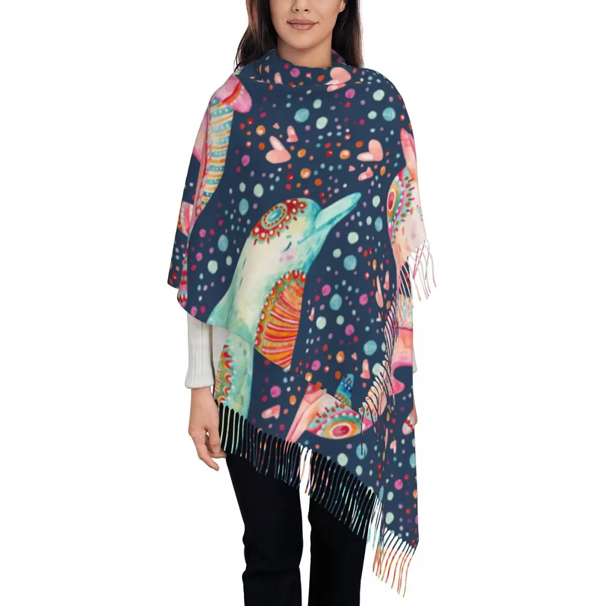 

Watercolor Lovely Cartoon Dolphins Women's Pashmina Shawl Wraps Fringe Scarf Long Large Scarf