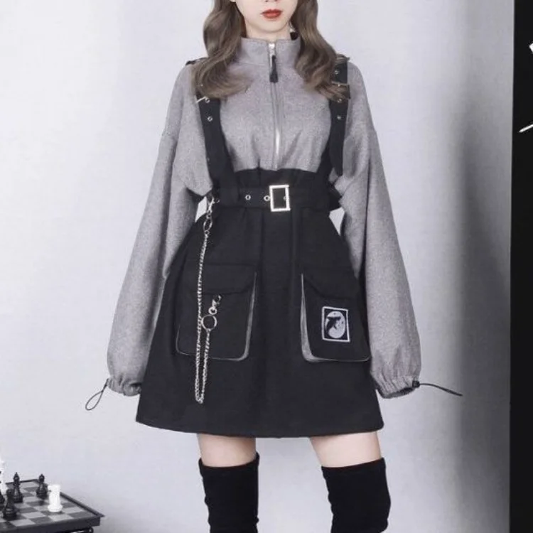 

Harajuku Oversize Fake Two Piece Dresses Autumn E-Girl Detachable Dress for Women Y2k Grunge High Waist Short Sleeve Vestidos