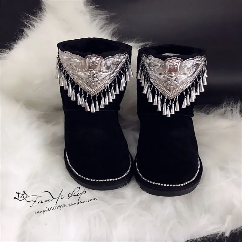 

Winter plus fleece mid-calf boots inside heightener wool leather snow boots Fringe boots Plus size women's 35-44