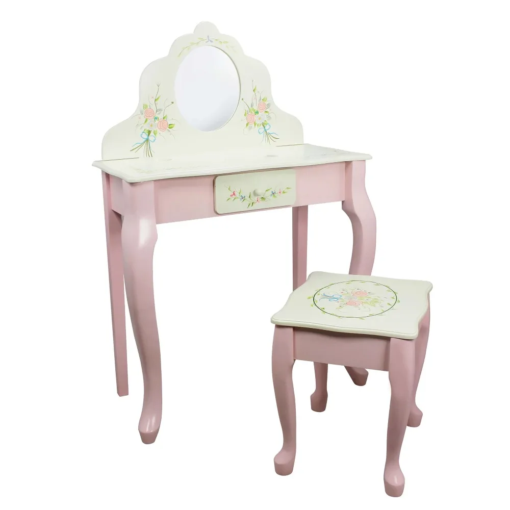 

Teamson дети-Принцесса Сад деревянный туалетный столик/макияж одежда и стул комплект с зеркалом твердая древесина розовый белый