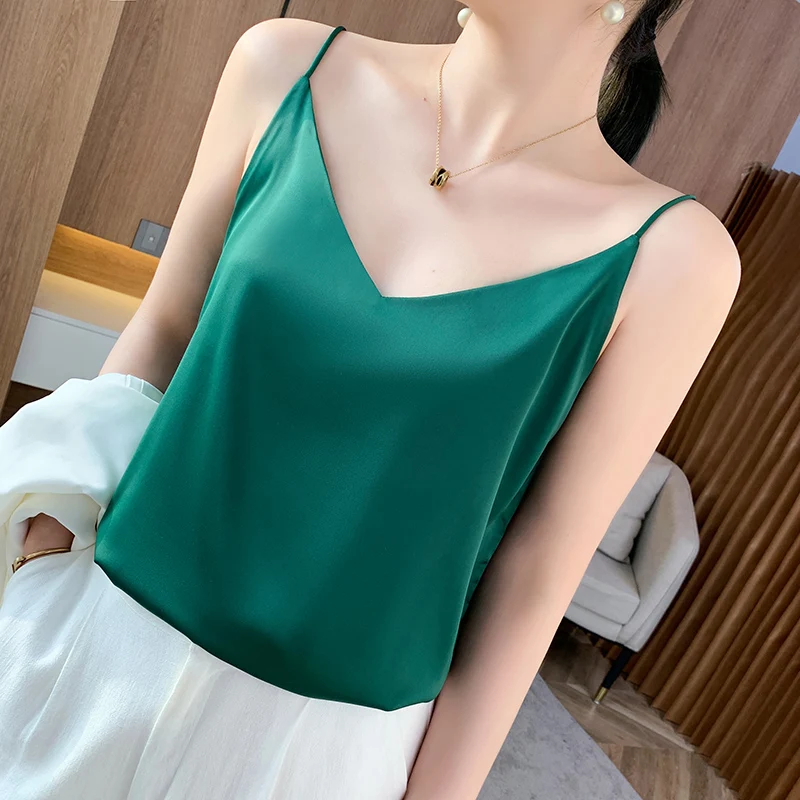 

New Summer Silk Camisole Women's Matching Suit Solid Color Bottoming Satin Silky Sexy Loose High-End Top Sleeveless Outer Wear