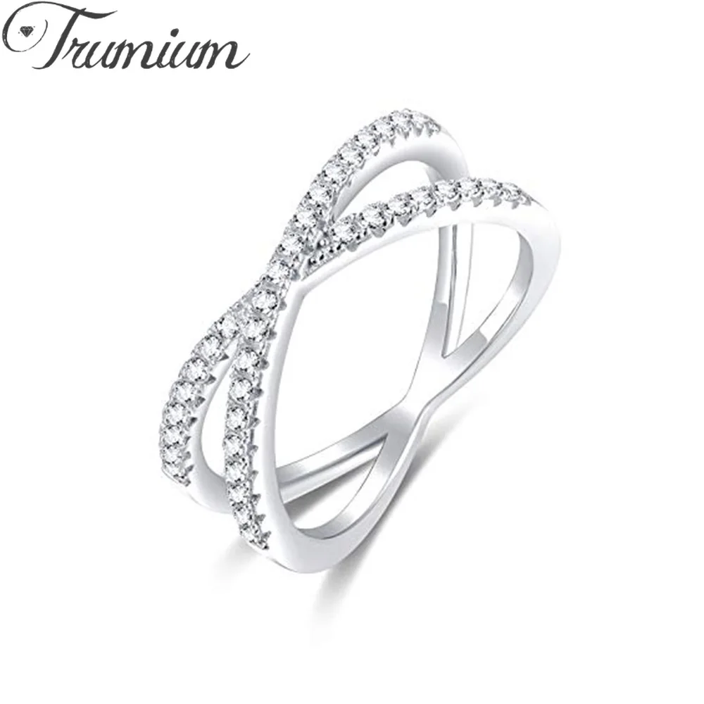 Trumium 925 Sterling Silver X Cross Ring Infinite Finger 18K Cubic Zirconia CZ Wedding Band Jewelry Gift for Women Size 4-12