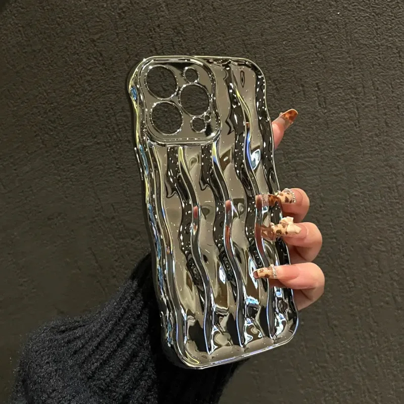 

USLION Luxury Silver Soft TPU Water Ripples Phone Cases For iPhone 14 13 12 11 Pro 11Promax Lens Protector Cover For 14Promax