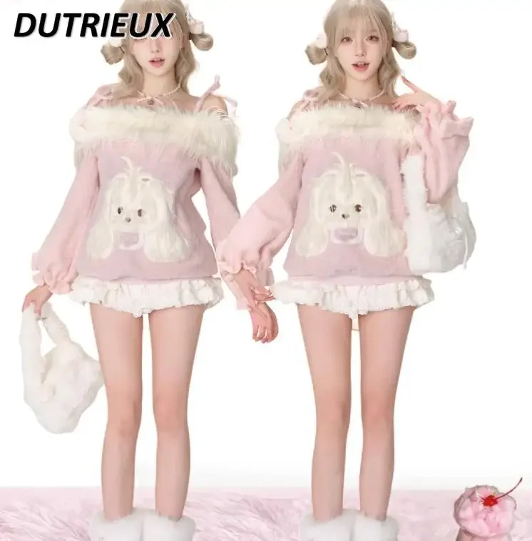 Женский комплект из двух предметов милый и розовый плюшевый свитер на одно плечо