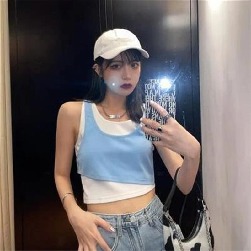 

Women Fake Two Pieces Tanks Summer Teenagers New Ulzzang Patchwork All-match Running Popular Simple Casual Feminino 2021 Design