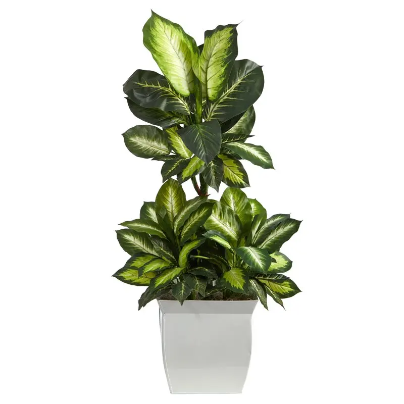 

Leaves Decoration Gorgeous 46" Golden Dieffenbachia Artificial Plant with Lovely Green Leaves, Placed in a Stunning White Metal