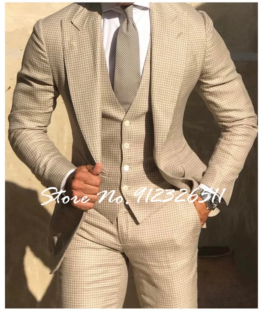 

2022 Latest Design Checkered Men Suit Set Fashion Wedding Party Suits Costume Homme Business Suits 3Pieces(Blazers+Pants+Vest)