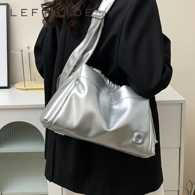 

LEFTSIDE серебряные сумки через плечо для женщин 2023 Y2K корейские модные роскошные Брендовые женские Сумки из искусственной кожи на шнурке
