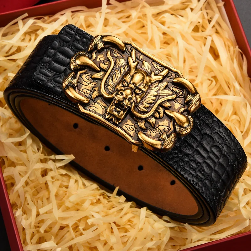New Men's Belt Leather Retro Smooth Buckle Faucet Plaid Pure Leather Belt Crocodile Belts for Men Luxury Designer Brand