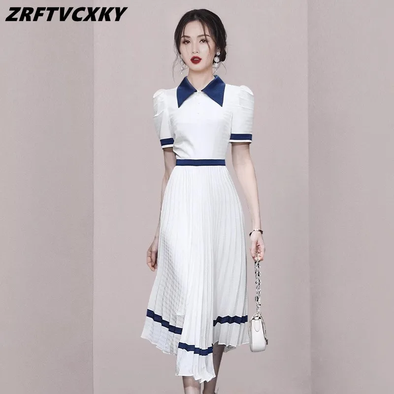 

Женское винтажное платье-рубашка, длинное плиссированное платье контрастной расцветки с отложным воротником и коротким рукавом, лето