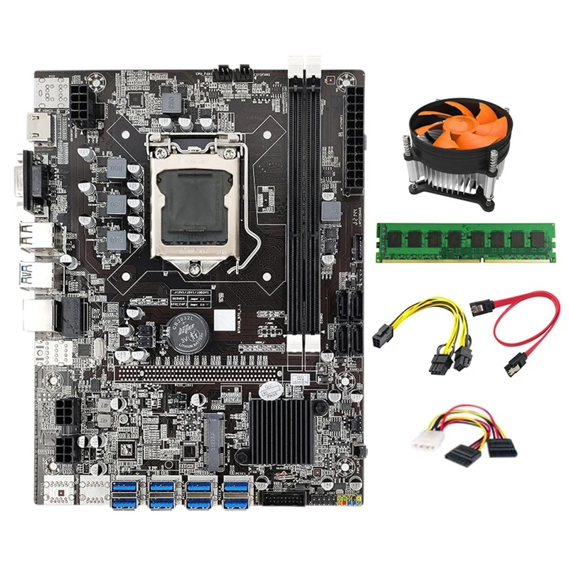 

Материнская плата B75 для майнинга, LGA1155 8xpcie на USB3.0 + охлаждающий вентилятор + SATA кабель + DDR3 8 Гб 1600 МГц ОЗУ для майнинга видеокарт