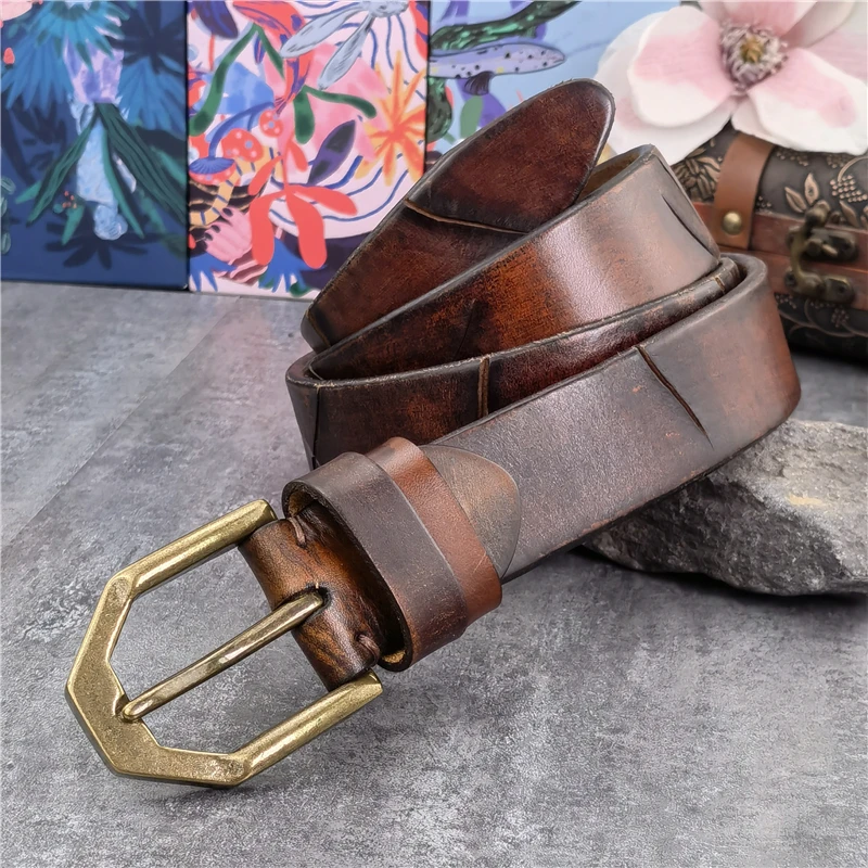 Retro Brass Belt Buckle Top Thick Real Leather Belt For Man Cowboy Western Jeans Belt Men Ceinture Luxury Men Belt Male MBT0615