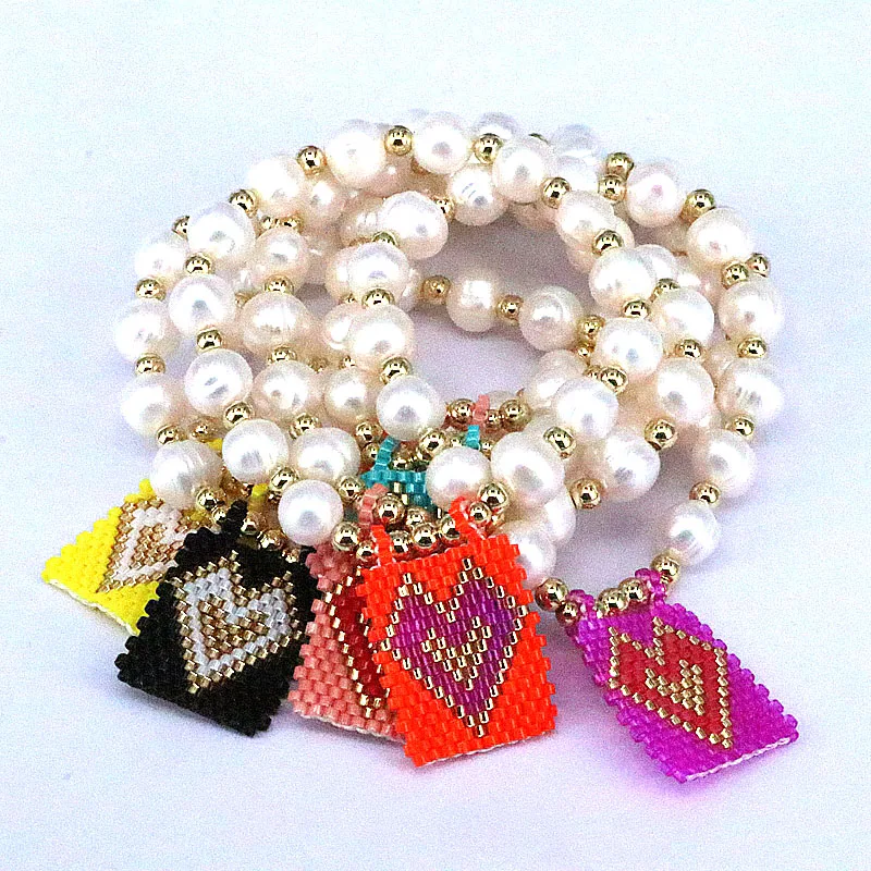 

5 шт. браслет ручной работы из пресноводного жемчуга с бусинами, шарм сердца Миюки, Модный Эластичный жемчуг, драгоценности